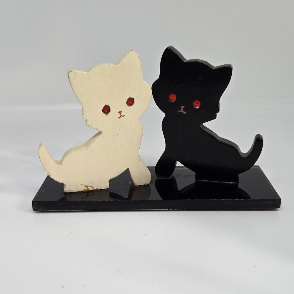 Vtfg Hand Painted Black White Wood Kittens Cats on Lucite Base